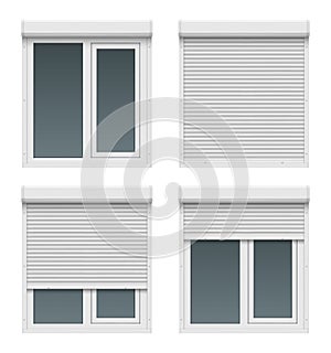 Window roller doors. Metal realistic white house shapes for windows close up plastic gate shutter frames decent vector