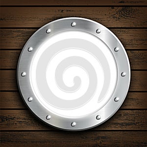 Window round ship porthole on a wooden wall