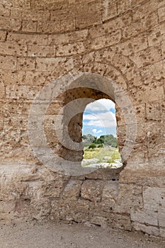 The window  in the ruins of the Byzantine church of St. Anne near the Maresha city in Beit Guvrin, Kiryat Gat, in Israel