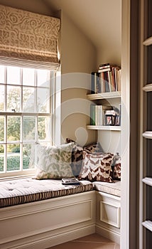 Window seat, interior design and comfort at home, reading nook with bookshelves and cushions, home decor in a country