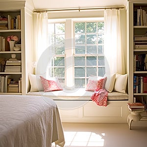 Window seat, interior design and comfort at home, reading nook with bookshelves and cushions, home decor in a country house,