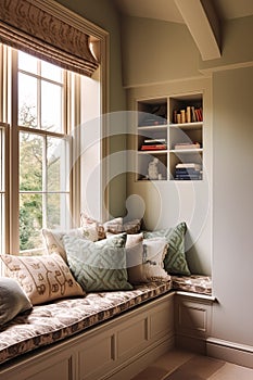 Window seat, interior design and comfort at home, reading nook with bookshelves and cushions, home decor in a country house,