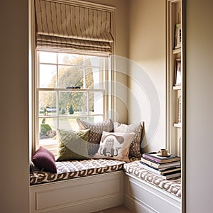 Window seat, interior design and comfort at home, reading nook with cushions and decor in a country house, English cottage style,