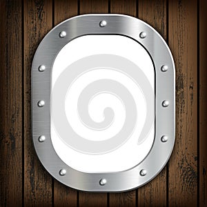 Window ship porthole with white background. On a wooden wall.