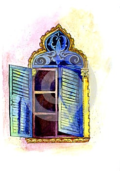 Window with shutters. Painted in watercolor