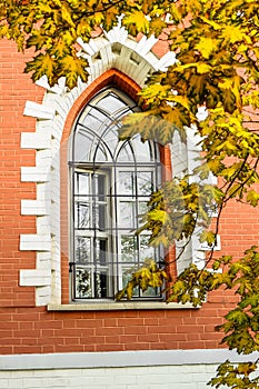 Window of the side semicircular annexe of the Petroff palace, Moscow, Russia.