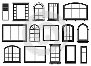 Window silhouettes. Exterior framing windows, black outline ornate arches and doors architectural building elements