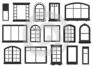 Window silhouettes. Exterior framing windows, black outline ornate arches and doors architectural building elements, isolated