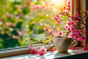 Window sill with cup of coffee and flower branches in front of it. Generative AI