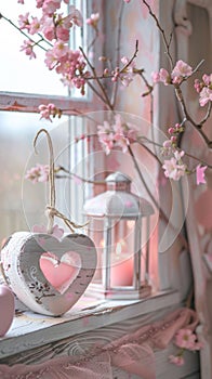 A window sill with a heart shaped decoration and pink flowers, AI