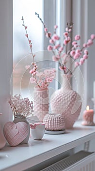 A window sill with pink vases and candles on it, AI