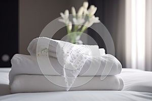 window spa flower modern bedchamber bath bed towel comfortable welcome. Generative AI.
