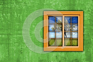 Window with spring landscape view