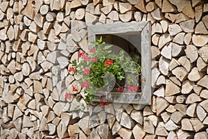 Window stocked with firewood and decorated