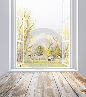 Window with summer landscape view