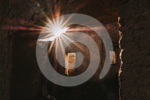 Window sun beams brick ruin architecture old house