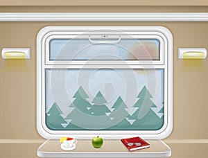 Window and table in the train compartment vector