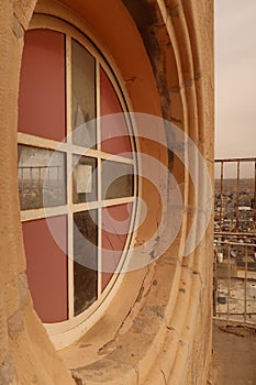 Window on top of the bell tower of the St John the Baptist Church in Madaba, Jordan