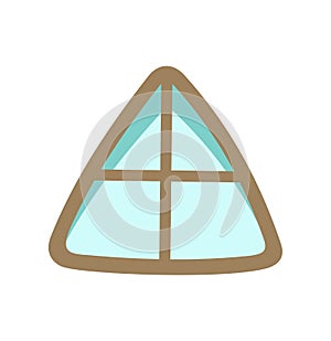 Window is triangular for roof and attic. Simple and flat style. Blue glass. Day. Cartoon cute fairy tale design