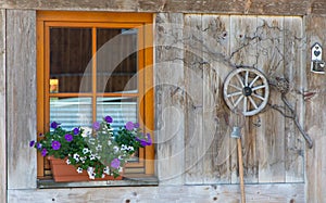 Window of typical austrian farmhouse decorated with geranium flowers