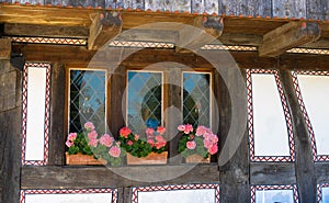 Window of typical austrian farmhouse decorated with red geranium flowers