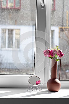 Window with very dirty and dusty glass in daylight. Withered pink roses in a vase and a small mirror on a white