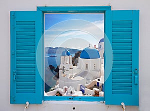 Window with view of caldera and church, Santorini