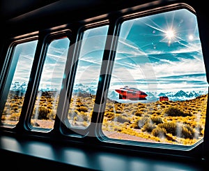 A window with a view of a desert landscape with mountains in the distance.