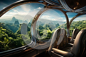 Window view green landscape of net zero emissions flight of future. Luxury air travel. Sustainable aviation fuel concept. Eco-