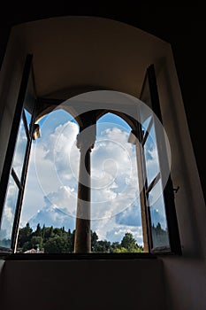 Window with a view inside Priori palace in Volterra, which is the oldest city council hall in Tuscany