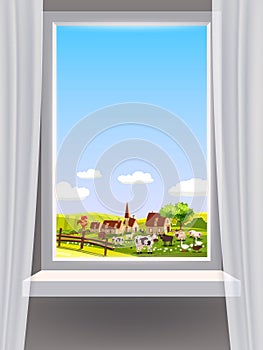 Window view interior, farm, rural landscape, animals, country nature