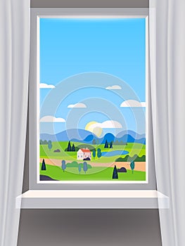 Window view interior, farm, rural landscape, country nature