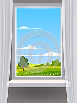 Window view interior, farm, rural summer landscape, country nature