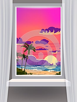 Window view interior, minimal tropical landscape, palms, sunset, cloud, beach, sea, ocean, coastal town, mountains