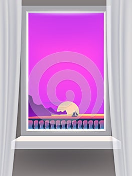 Window view interior, minimal tropical landscape, sunset, cloud, sea, ocean, sailboat