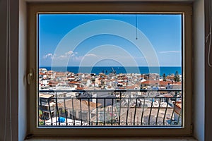 Window view of Ionian sea Zakynthos town in Greece