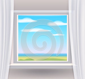 Window, view on landscape, spring, interior, curtains. Vector illustration template realistic