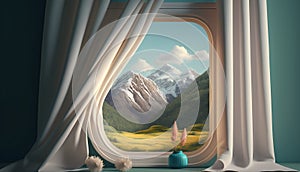Window with a view of the mountains in the background. 3d rendering