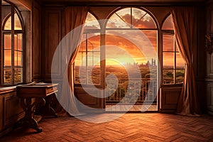 A window with a view of the ocean and the sun setting.