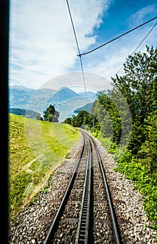 Window View: railway track down Rigi Kulm Station, Lucerne, Switzerland