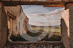 Window view sun brick ruin architecture old house landscape Mountains autumn