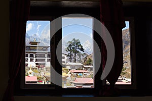 Window view Tengboche village monastery. Nepal.