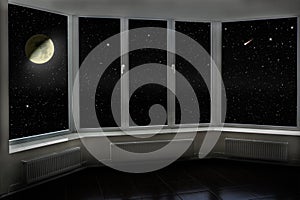 Window with view to Moon and dark stellar sky. Cosmic landscape seen from window