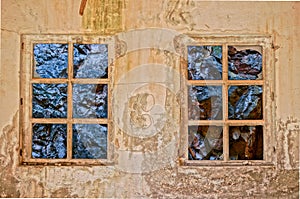 Window with view to rocks in a old building. HDR picture