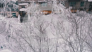 Window view, Winter City Landscape in the Courtyard of Old Residential Buildings