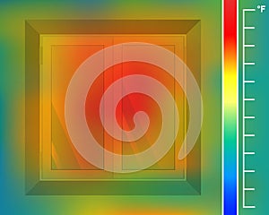 Window on the wall from the front. house facade for a thermal imager. Colored thermographic image of the scan camera.