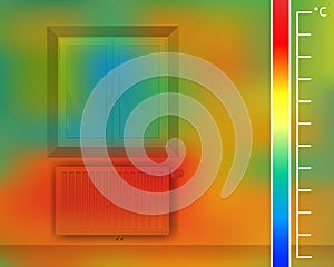 Window on the wall in the room. Steel panel radiator for a thermal imager. Colored thermographic image of the scan camera.