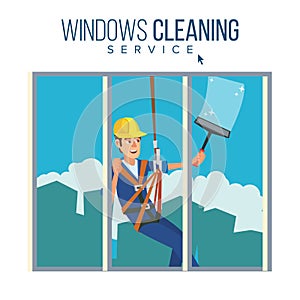 Window Washer Worker Vector. Man Cleaning Window Squeegee Spray. Window Washer Is Cleaning High Building. Cartoon