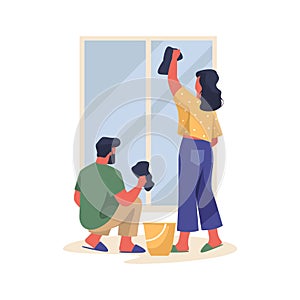 Window washing or room housework, vector banner