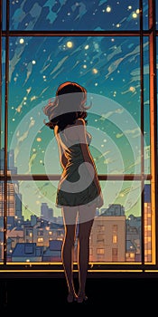 Window Watcher: A Vibrant Comic Art Of A Girl Gazing At The City Skyline